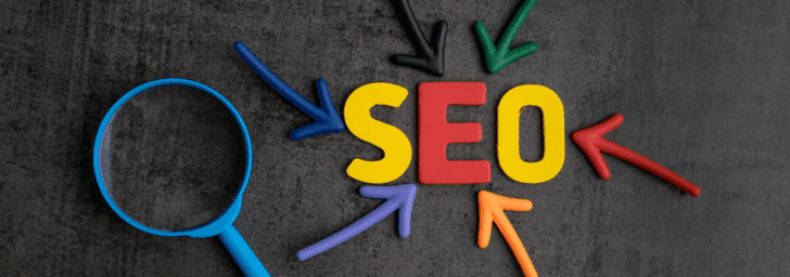 A colorful representation of the word "seo" with arrows and a magnifying glass, associated with the keywords "wpvivid" and "discount code".