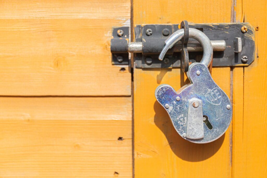 A padlock on a wooden door secured with a WordPress plugin.