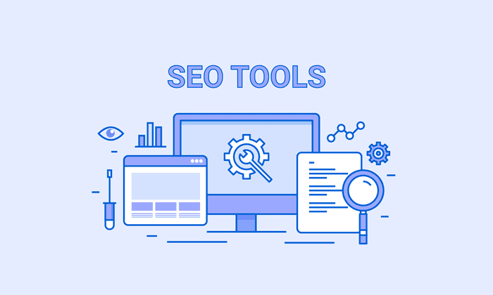 Seo tools with a discount code on a blue background.