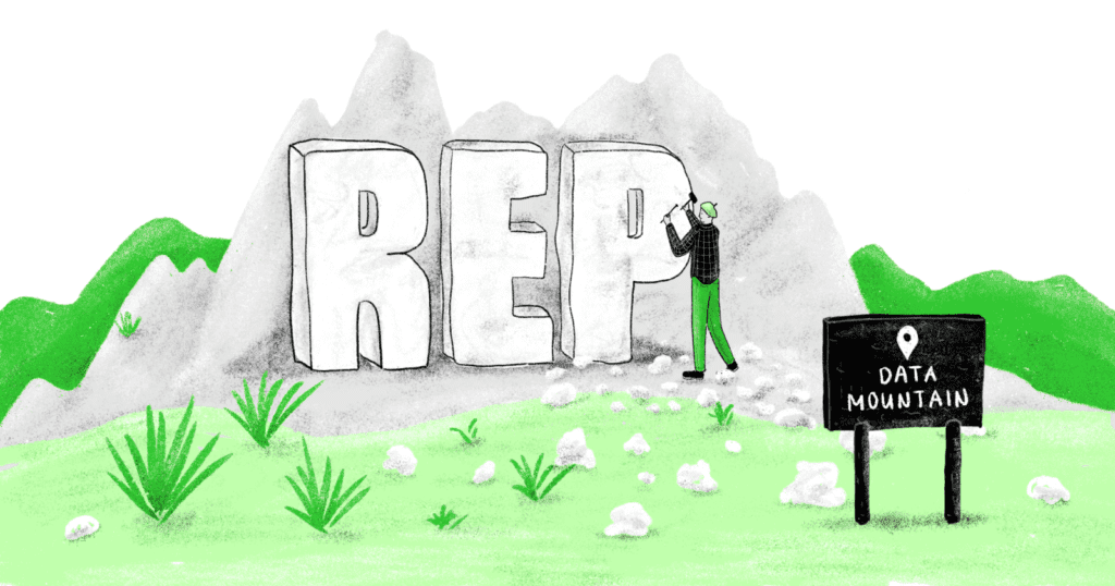 An eye-catching cartoon illustration of the word rep in front of a majestic mountain.