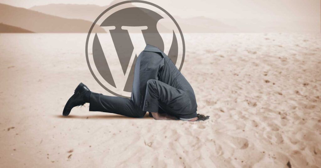 A man in a suit is lying on the sand in front of a WordPress logo, representing the integration of Wordpress plugins.