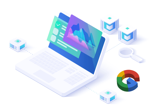 An isometric image of a laptop with a Google logo on it, highlighting the WordPress plugin - WPvivid.