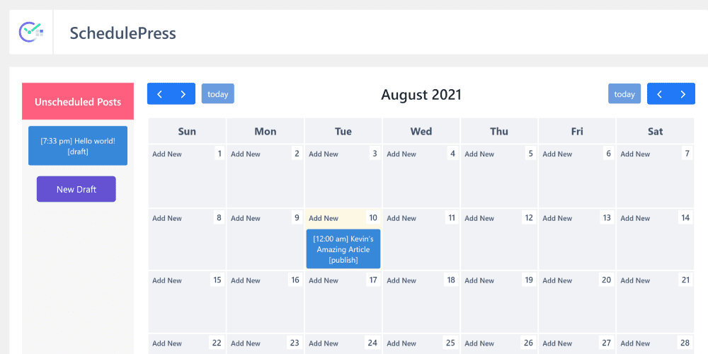 A screen shot of the Planethoster-hosted WordPress plugin, Schedulepress calendar.